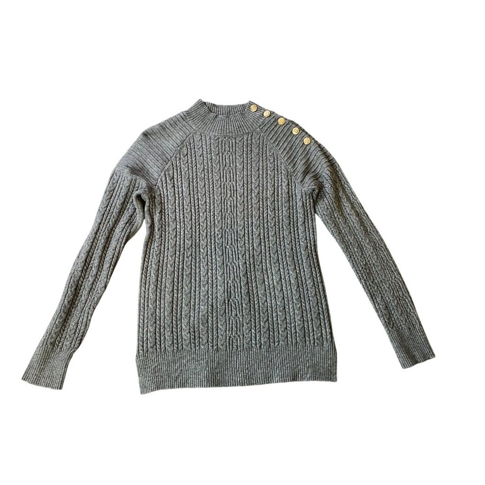 Cyrus Gray Cable Knit Sweater Button Detail at Shoulder Medium